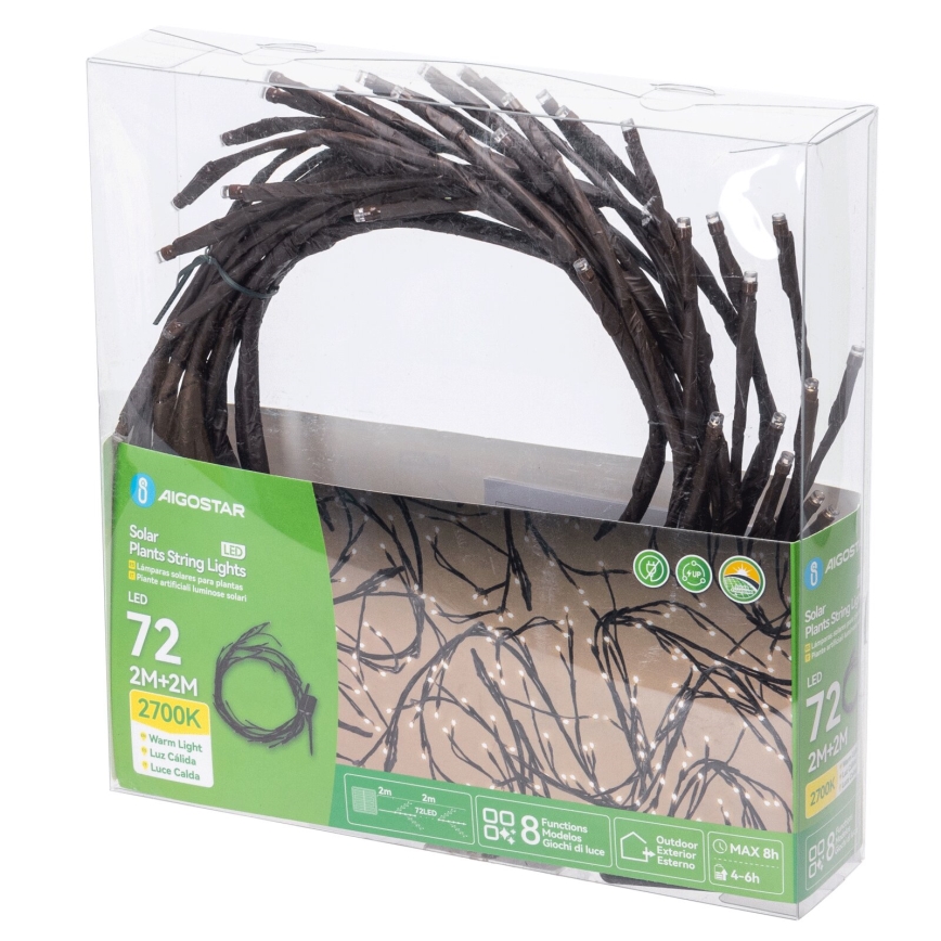 Aigostar - Guirlande solaire 72xLED/4m IP65 blanc chaud branches d'arbres