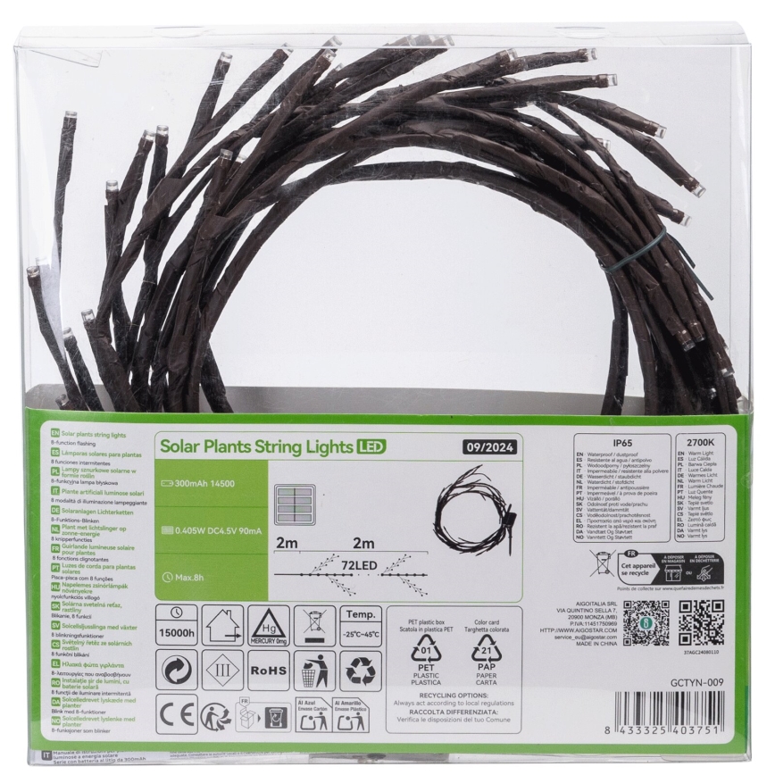 Aigostar - Guirlande solaire 72xLED/4m IP65 blanc chaud branches d'arbres