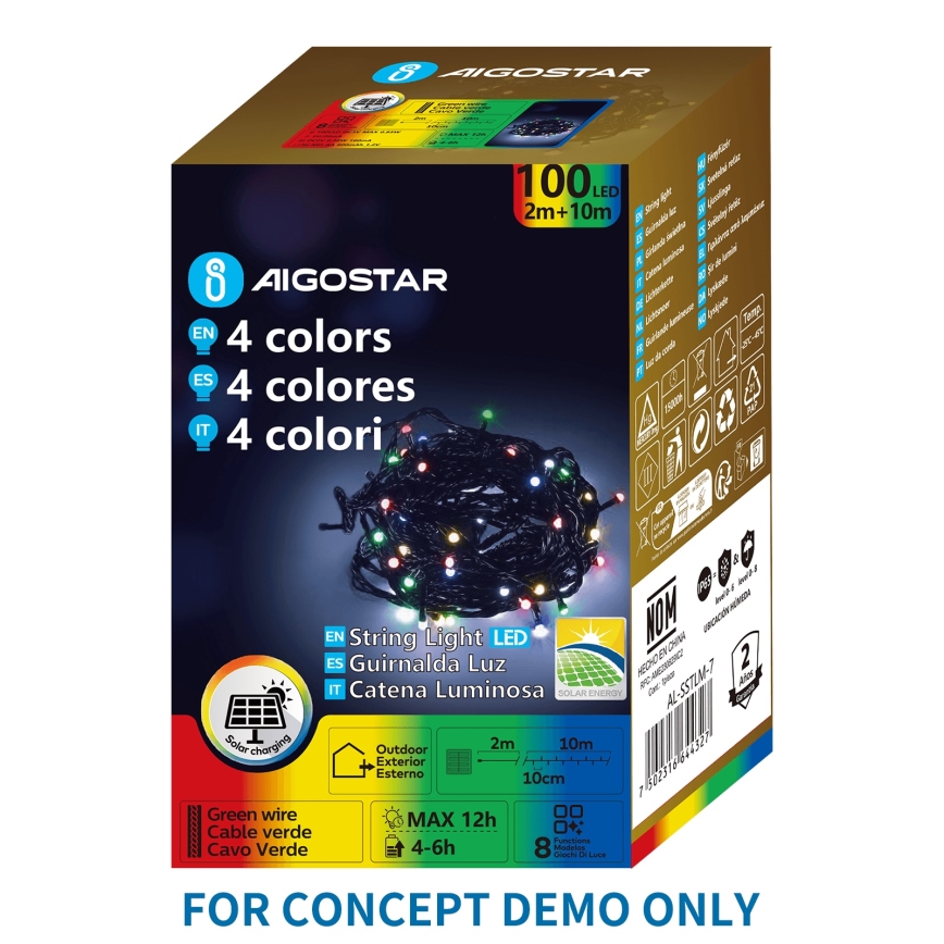 Aigostar - Guirlande de Noël solaire à LED 200 LED / 8 fonctions 22 m IP65 multicolore 800 mAh