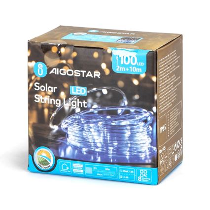 Aigostar - Guirlande solaire de Noël 100xLED/8 fonctions 12m IP65 blanc froid