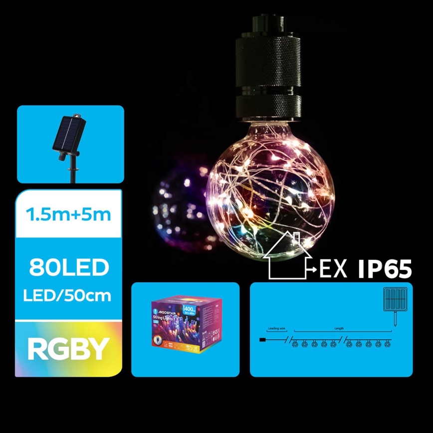 Aigostar - Guirlande solaire de Noël 10xLED/8 fonctions 6,5m IP65 500 mAh multicolore