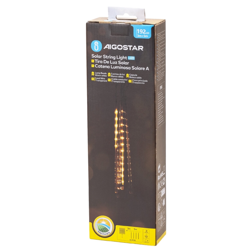 Aigostar - Guirlande solaire de Noël 192xLED/8m IP65 1200 mAh blanc chaud
