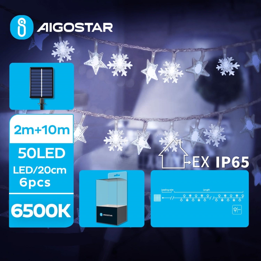 Aigostar - Guirlande solaire de Noël 50xLED/8 fonctions 12m IP65 800 mAh blanc froid