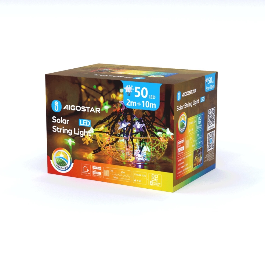 Aigostar - Guirlande solaire de Noël 50xLED/8 fonctions 800 mAh 12m IP65 multicolore
