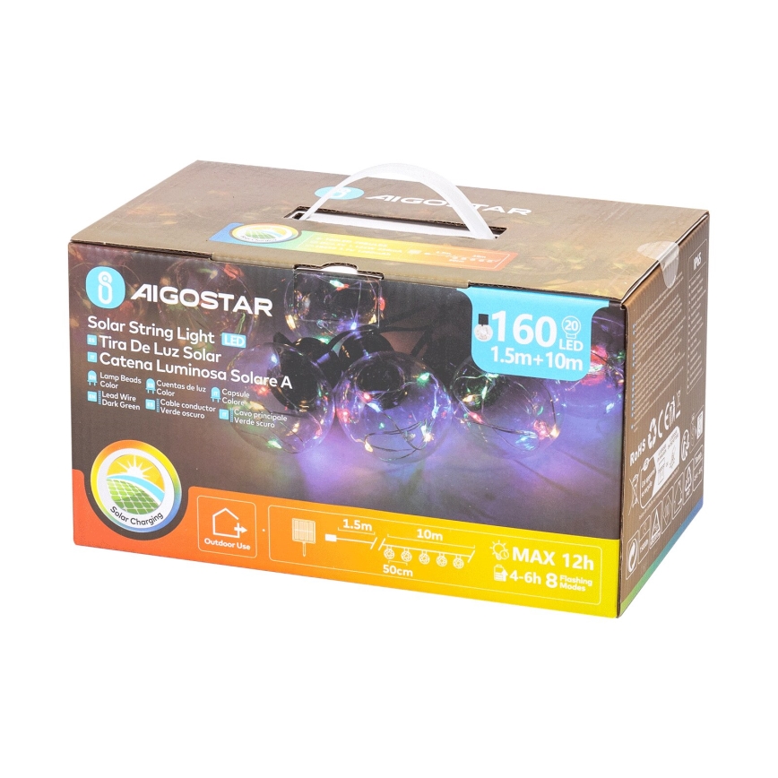 Aigostar - Guirlande solaire de Noël à LED 20 LED / 8 fonctions, 11,5 m, IP65, multicolore