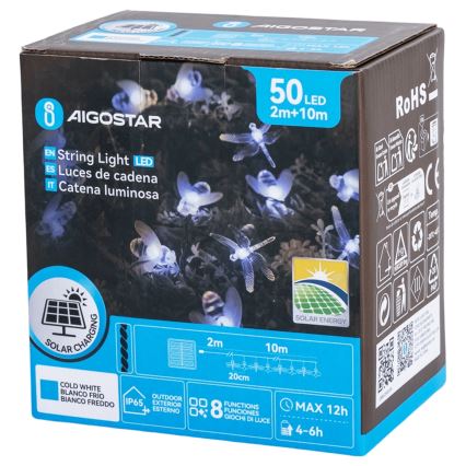 Aigostar - Guirlande solaire décorative 50 LED, 8 modes, 10 m, 800 mAh, IP65, blanc froid