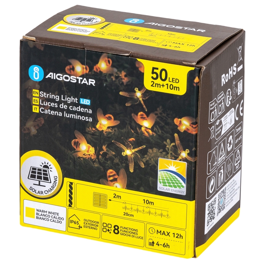 Aigostar - Guirlande solaire décorative LED 50xLED/8 fonctions 10 m 800 mAh IP65 blanc chaud