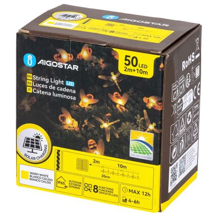 Aigostar - Guirlande solaire décorative à LED 50 LED / 8 fonctions 10 m 800 mAh IP65 blanc chaud