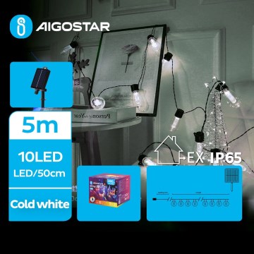 Aigostar - Guirlande solaire LED 10 LED / 8 modes, 6,5 m, 500 mAh, IP65, blanc froid
