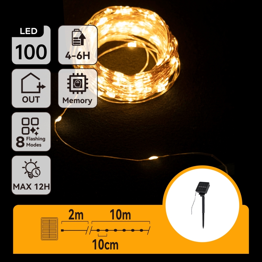 Aigostar - Guirlande solaire LED, 100 LED / 8 fonctions, 12 m, 800 mAh, IP65, blanc chaud