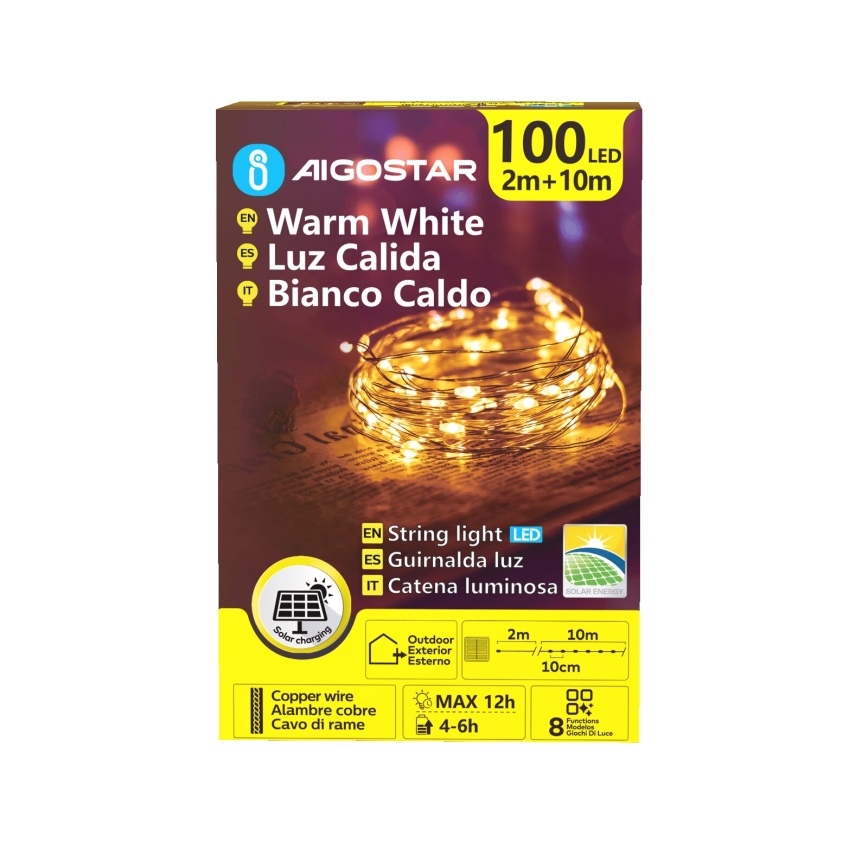 Aigostar - Guirlande solaire LED, 100 LED / 8 fonctions, 12 m, 800 mAh, IP65, blanc chaud