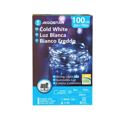 Aigostar - Guirlande solaire LED de Noël 100 LED/8 fonctions 12m IP65 800 mAh blanc froid