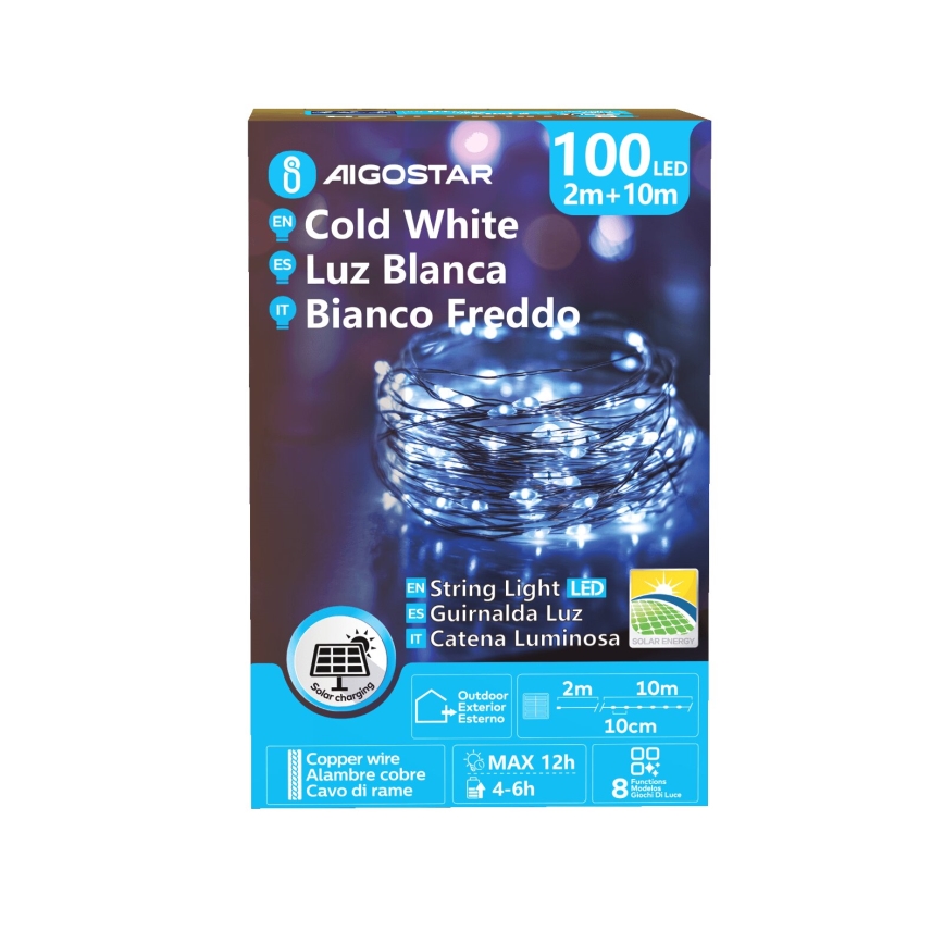 Aigostar - Guirlande solaire LED de Noël 100 LED/8 fonctions 12m IP65 800 mAh blanc froid
