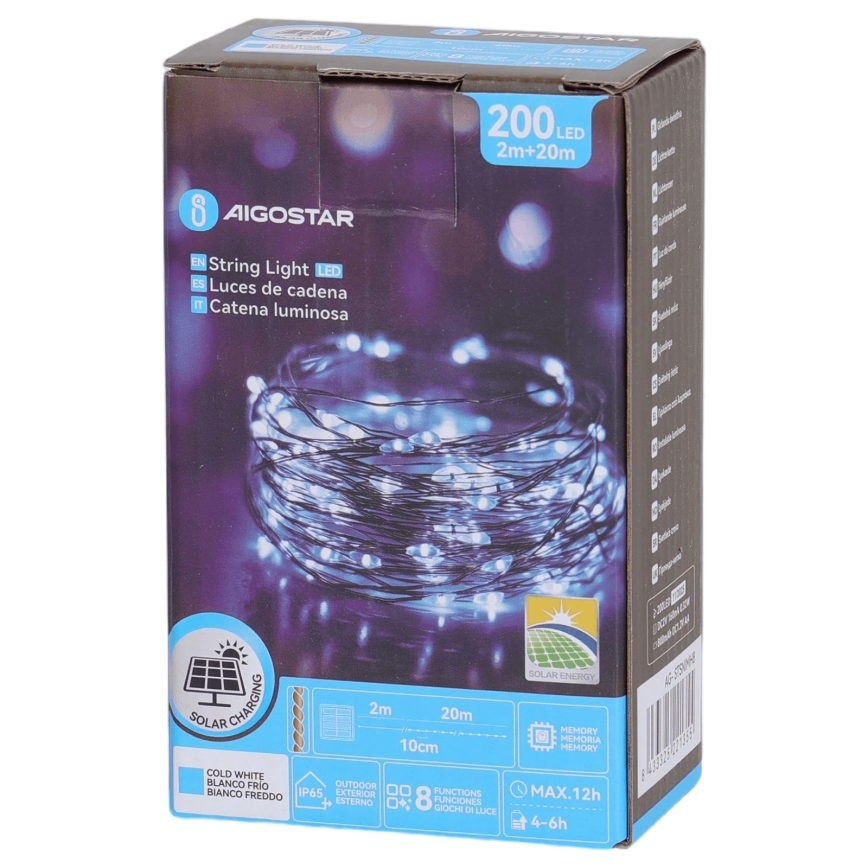 Aigostar - Guirlande solaire à LED 200 LEDs / 8 modes, 22 m, IP65, blanc froid, 800 mAh