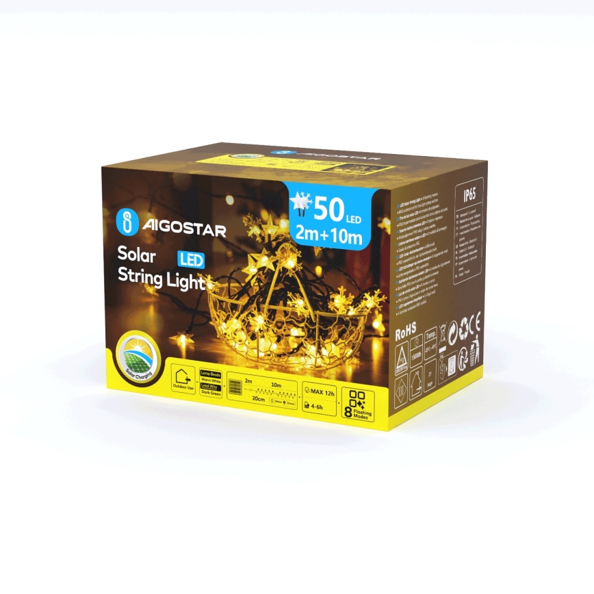 Aigostar - Guirlande solaire LED 50 LED / 8 modes, 12 m, 800 mAh, IP65, blanc chaud