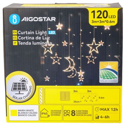 Aigostar - Guirlande LED solaire 120 LED / 8 fonctions, 3 x 0,6 m, 500 mAh, IP65, blanc chaud
