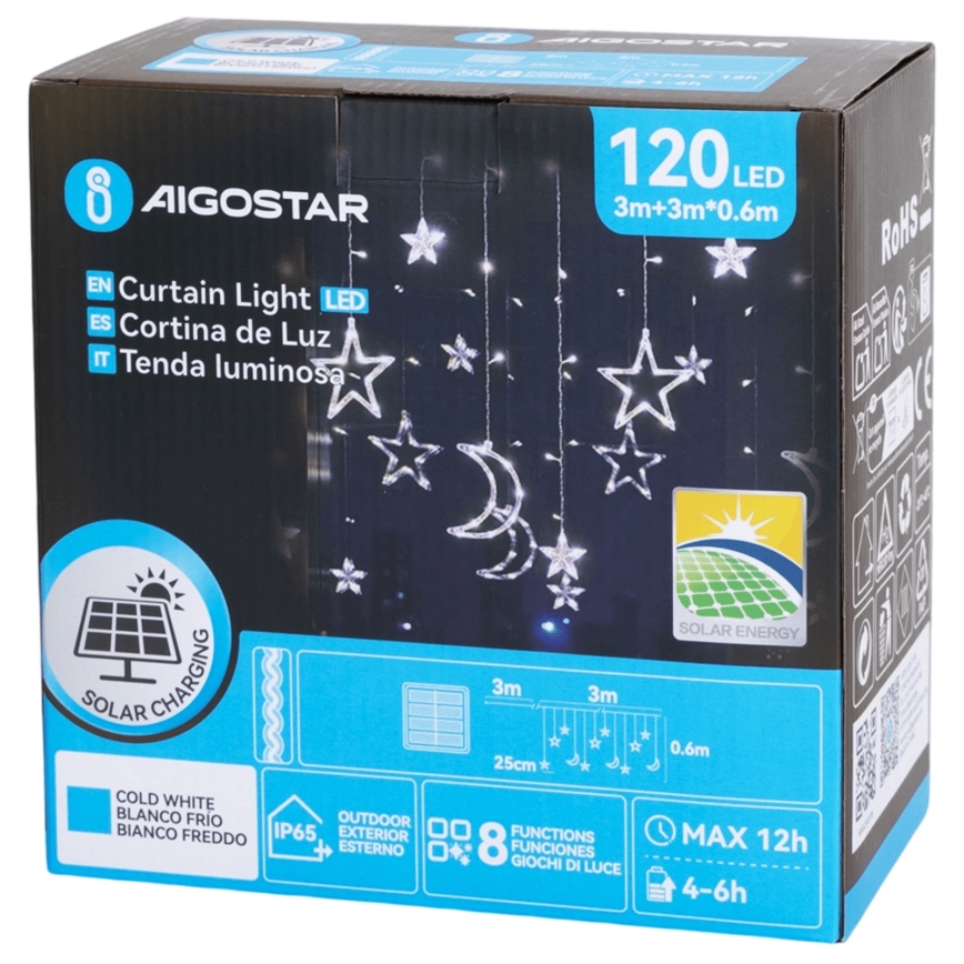 Aigostar - Guirlande de Noël solaire LED 120xLED/8 fonctions 3x0,6m 500 mAh IP65 blanc froid