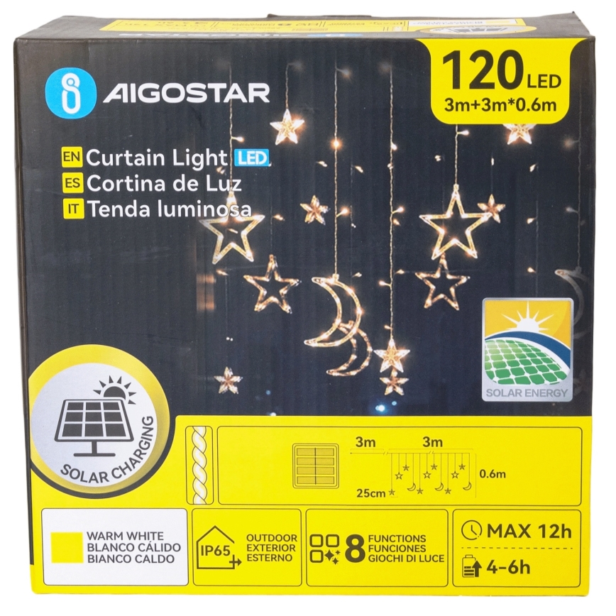 Aigostar - Guirlande lumineuse solaire LED pour Noël, 120 LED, 8 modes, 3 x 0,6 m, 500 mAh, IP65, blanc chaud