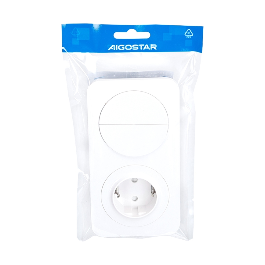 Aigostar - Interrupteur double n° 5 et prise Schuko 230 V avec cadre blanc