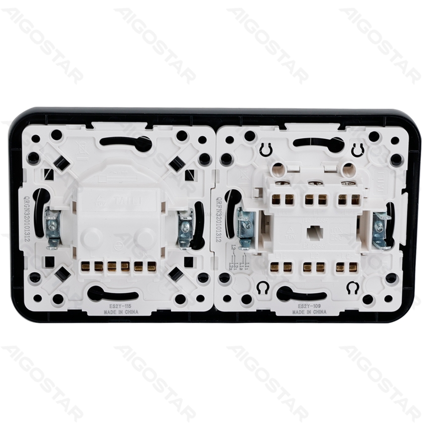 Aigostar - Interrupteur double n° 6+6 et prise SCHUKO 230 avec cadre noir