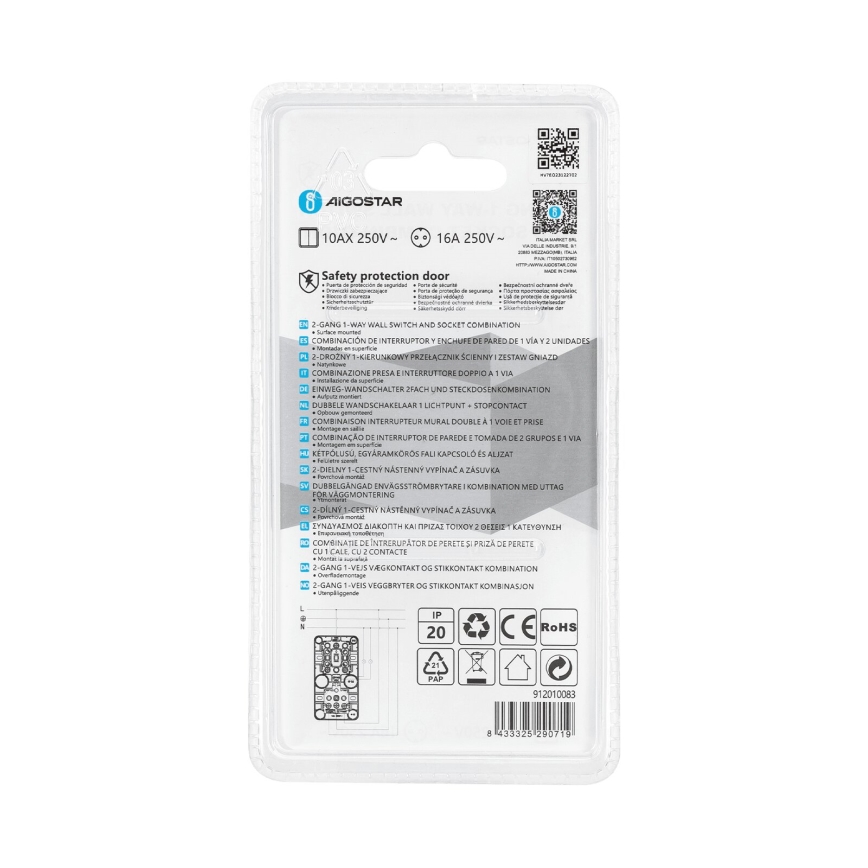 Aigostar - Interrupteur intérieur 2P avec prise 1x10A/250V SCHUKO