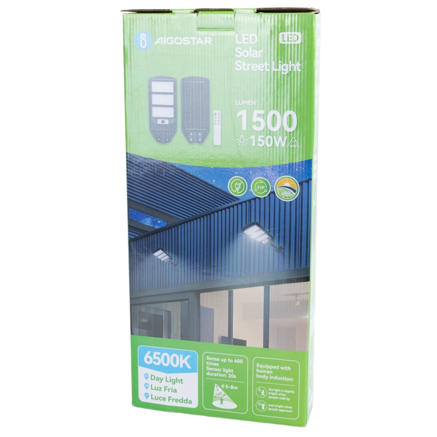 Aigostar - Lampadaire solaire avec détecteur LED/150W/3,2V 8000mAh IP65 6500K + télécommande