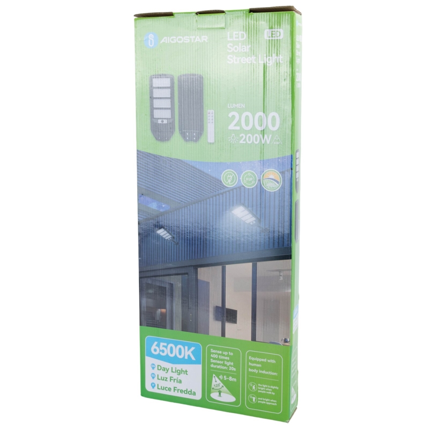 Aigostar - Lampadaire solaire avec détecteur LED/200W/3,2V 12000mAh IP65 6500K + Télécommande