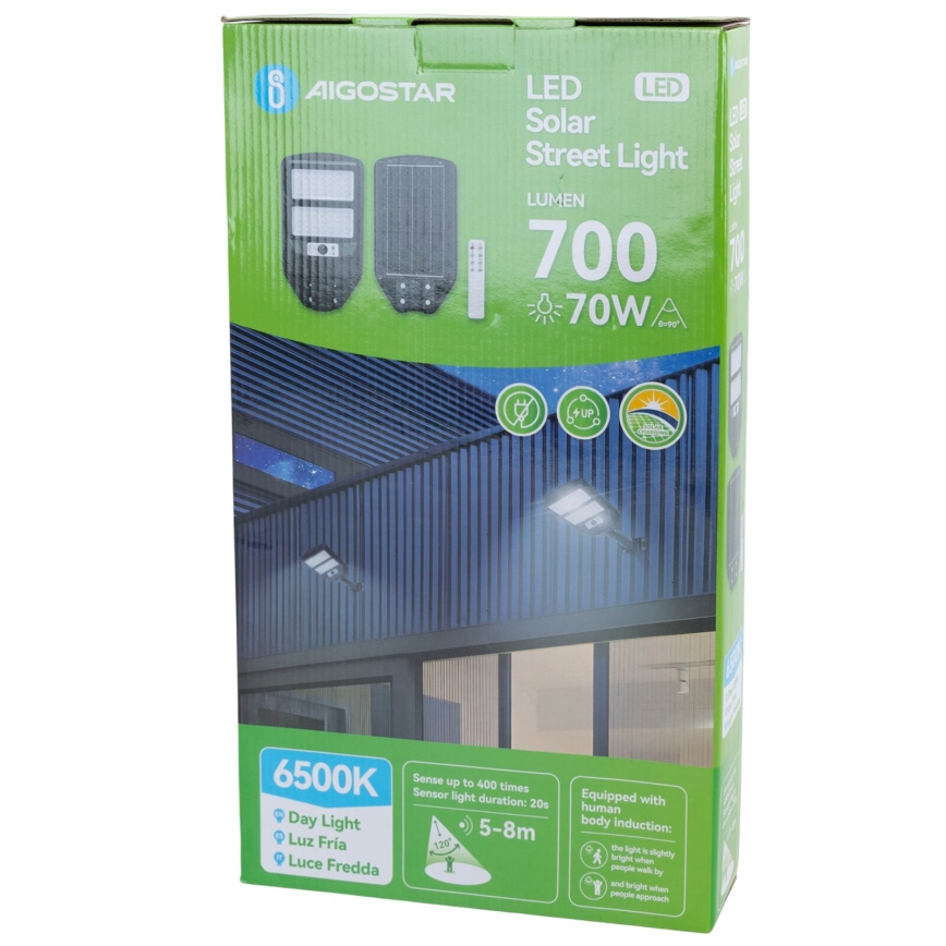 Aigostar - Lampadaire solaire avec détecteur LED/70W/3,2V 4000mAh IP65 6500K + Télécommande