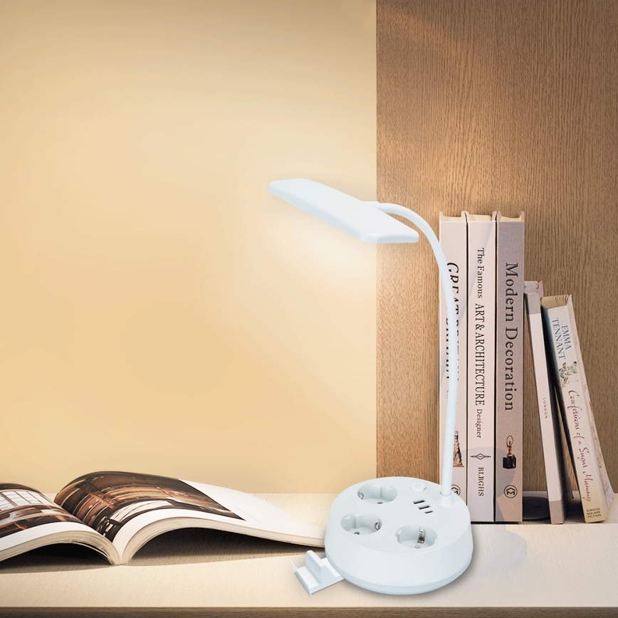 Aigostar - Lampe de bureau LED dimmable avec prises et USB LED/4,6W/230V 3000/4000/6500K blanche