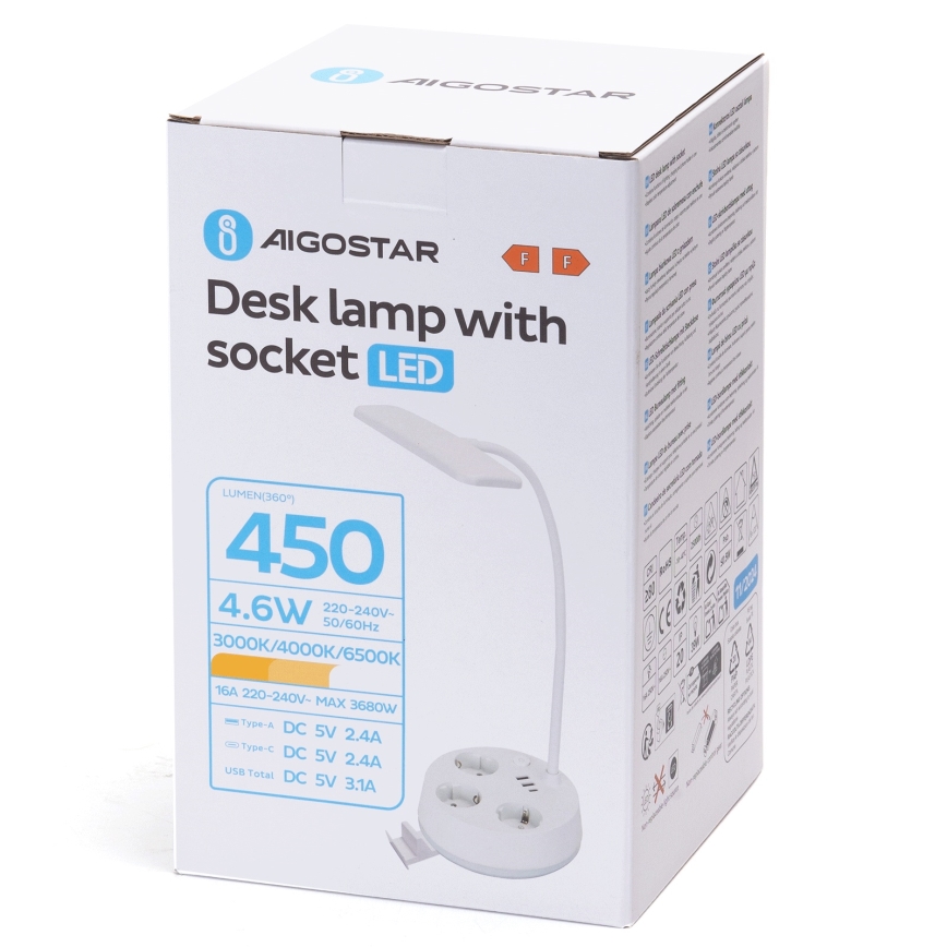 Aigostar - Lampe de bureau LED dimmable avec prises et USB LED/4,6W/230V 3000/4000/6500K blanche