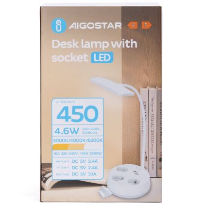 Aigostar - Lampe de bureau LED dimmable avec prises et USB LED/4,6W/230V 3000/4000/6500K blanche