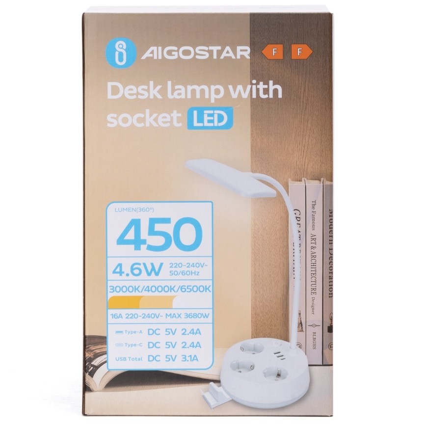 Aigostar - Lampe de bureau LED dimmable avec prises et USB LED/4,6W/230V 3000/4000/6500K blanche