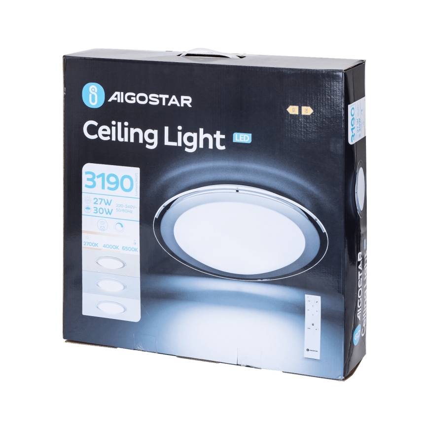 Aigostar - Lampe de plafond LED 30W/230V 2700-6500K diamètre 42,9 cm chrome + télécommande