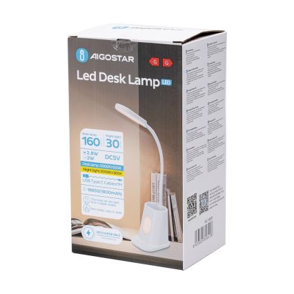 Aigostar - Lampe de table à intensité variable rechargeable LED/2,8W/5V 1800mAh 3000/5000K blanc