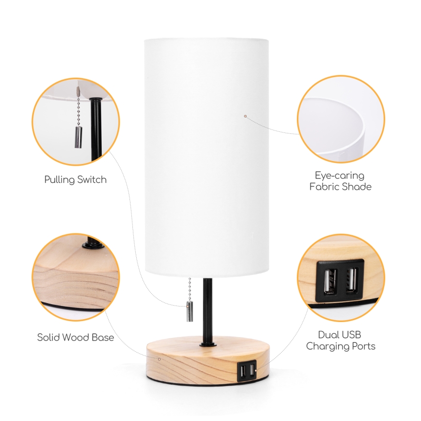 Aigostar - Lampe de table avec port USB 1xE27/40W/230V noir/crème