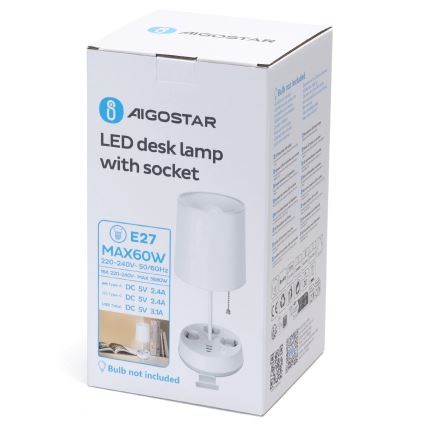 Aigostar - Lampe de table avec prises électriques et ports USB 1xE27/60W/230V blanche