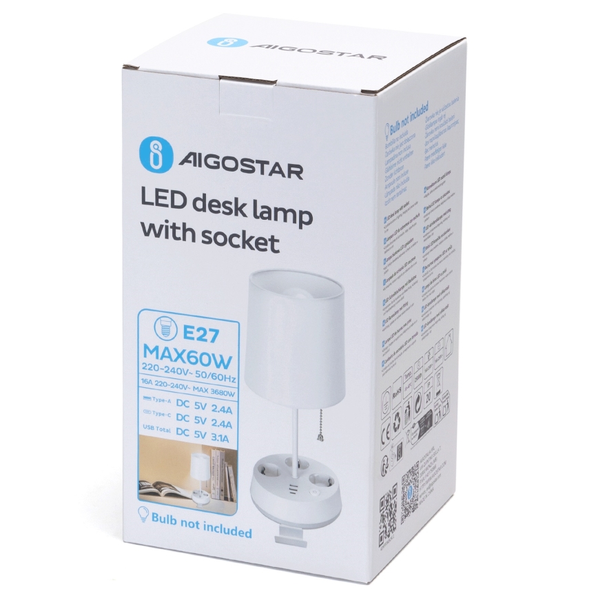 Aigostar - Lampe de table avec prises électriques et ports USB 1xE27/60W/230V blanche