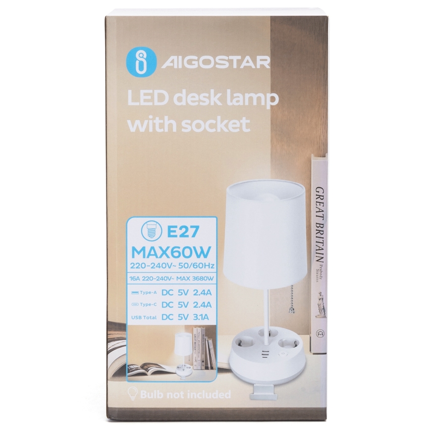 Aigostar - Lampe de table avec prises électriques et ports USB 1xE27/60W/230V blanche