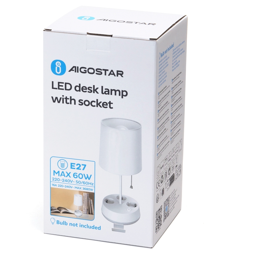 Aigostar - Lampe de table avec prises intégrées 1xE27/60W/230V blanche