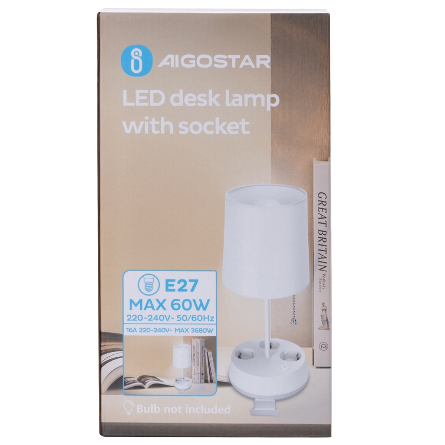 Aigostar - Lampe de table avec prises intégrées 1xE27/60W/230V blanche