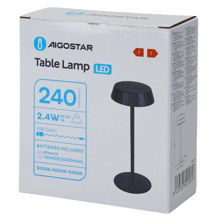 Aigostar - Lampe de table LED dimmable AMBIENT LED/2,4W/5V 3000-6500K noire