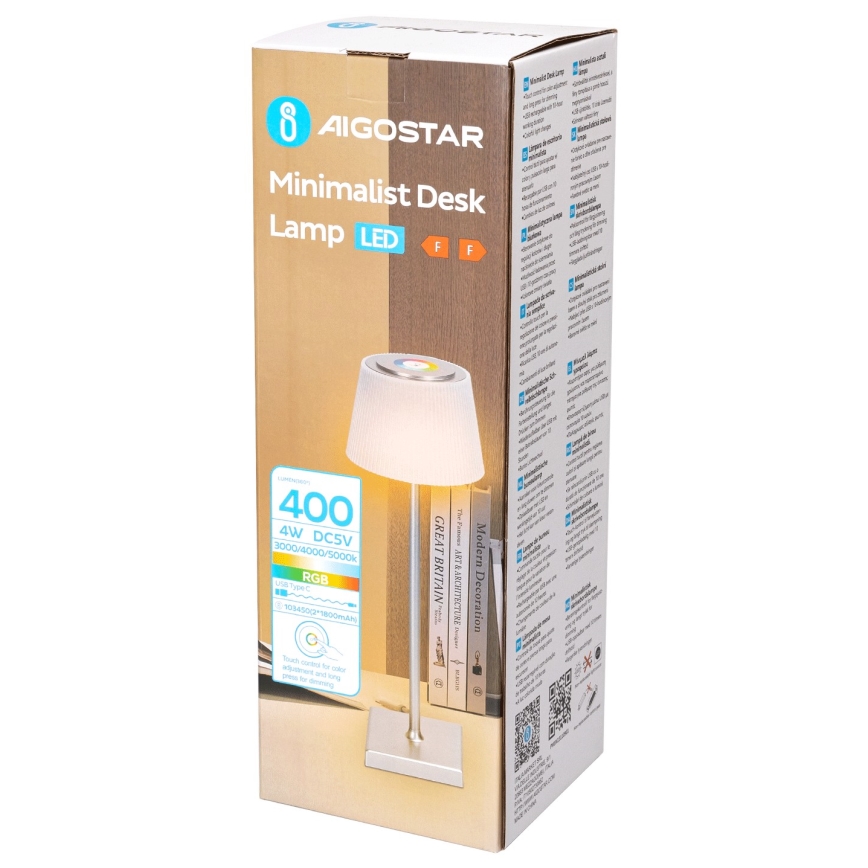 Aigostar - Lampe de table RGBW extérieure à intensité variable et rechargeable LED/4W/5V 3600mAh blanc/chrome mat IP54