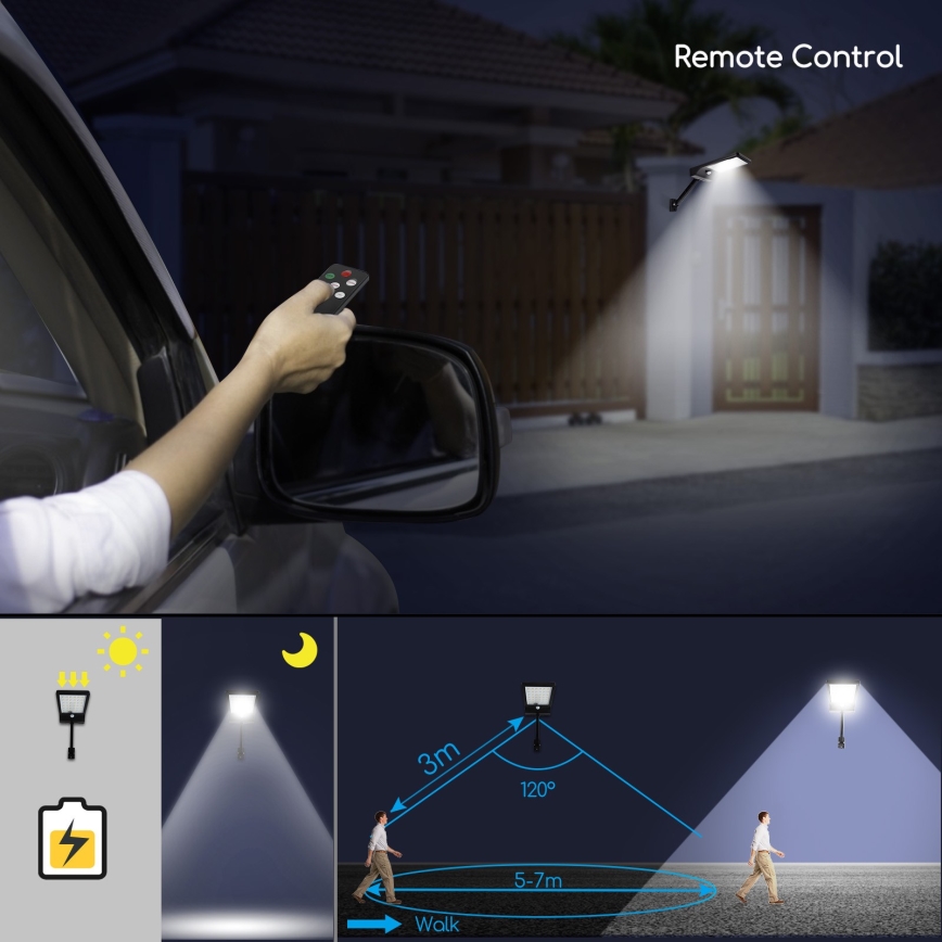 Aigostar - Lampe solaire à intensité variable avec détecteur LED/2,3W/5,5V IP65 1800 mAh + Télécommande