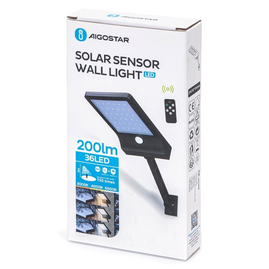 Aigostar - Lampe solaire à intensité variable avec détecteur LED/2,3W/5,5V IP65 1800 mAh + Télécommande