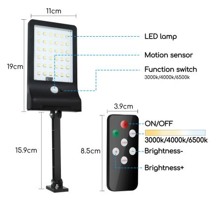 Aigostar - Lampe solaire à intensité variable avec détecteur LED/2,3W/5,5V IP65 1800 mAh + Télécommande