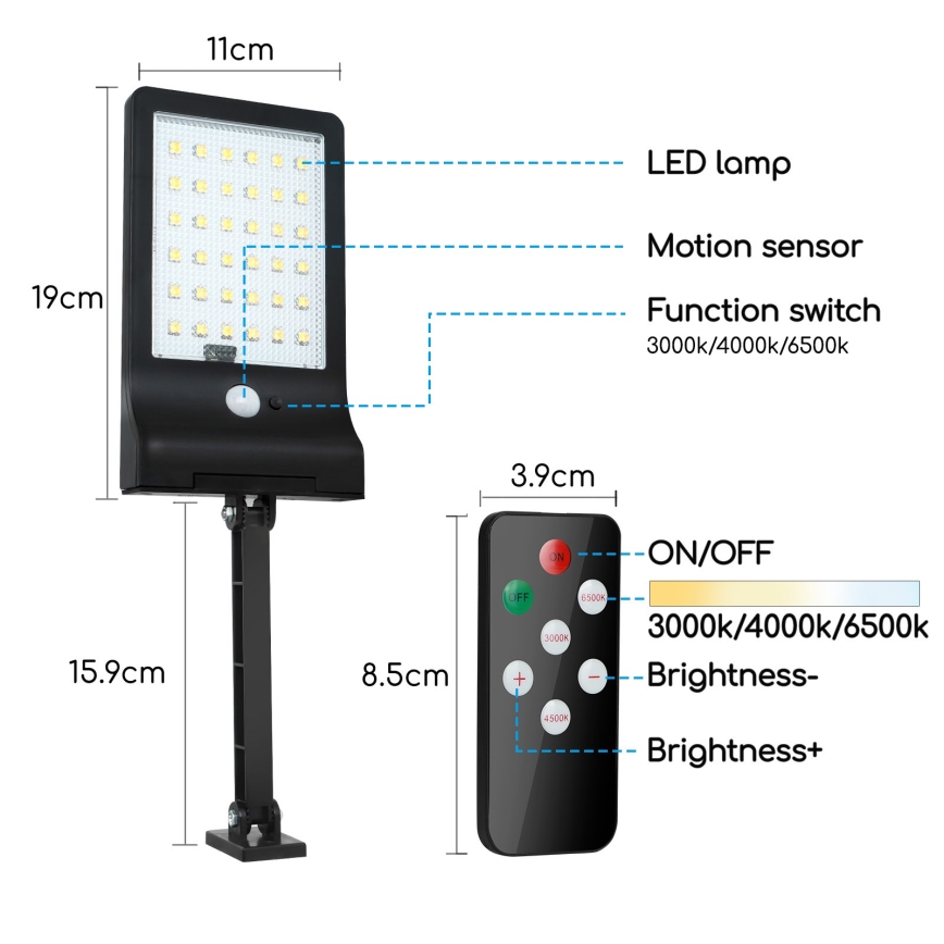 Aigostar - Lampe solaire à intensité variable avec détecteur LED/2,3W/5,5V IP65 1800 mAh + Télécommande