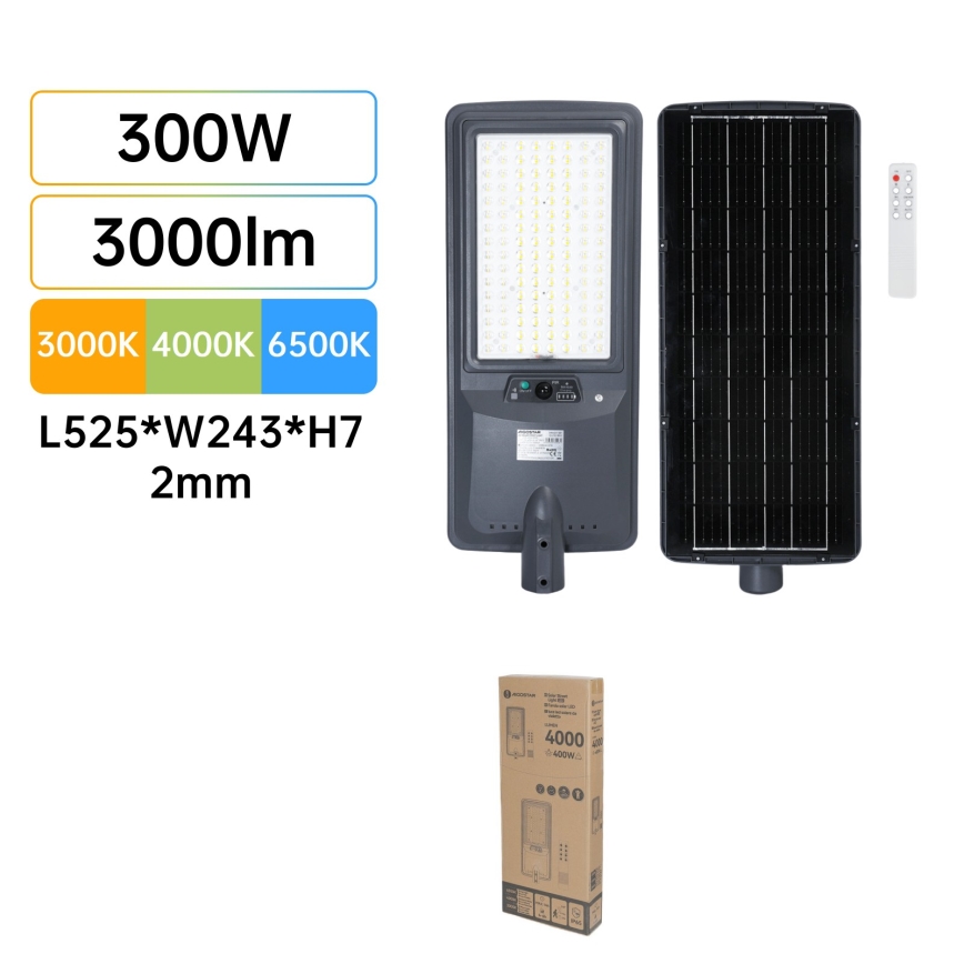 Aigostar - Lampadaire solaire LED avec capteur LED/300W/3,2V 3600mAh + télécommande