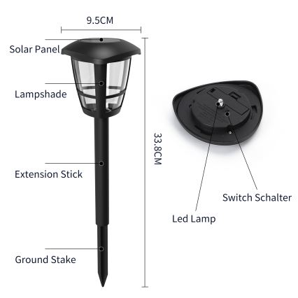 Aigostar - Lampe solaire LED/0,06W/2V 100 mAh 33,8 cm 6500K IP44 noir