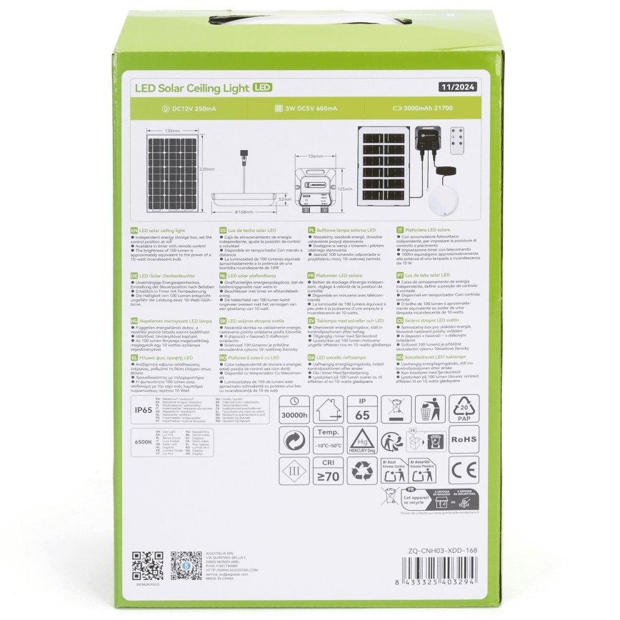 Aigostar - Luminaire solaire LED/35W/12V 3000 mAh 6500K IP65 Ø 16,8 cm + télécommande