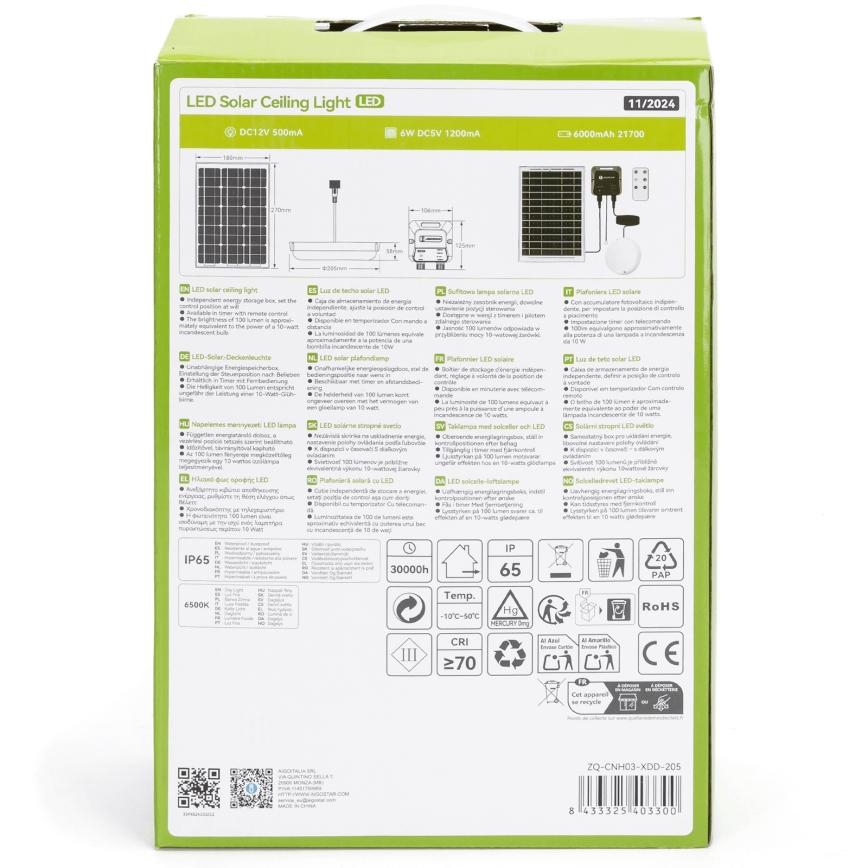 Aigostar - Luminaire solaire LED/70W/12V 6000 mAh 6500K IP65 Ø 20,5 cm + télécommande
